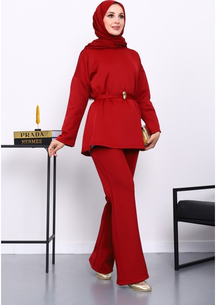Bordo Kemerli Tunik Pantolonlu Scuba Takım fiyatları