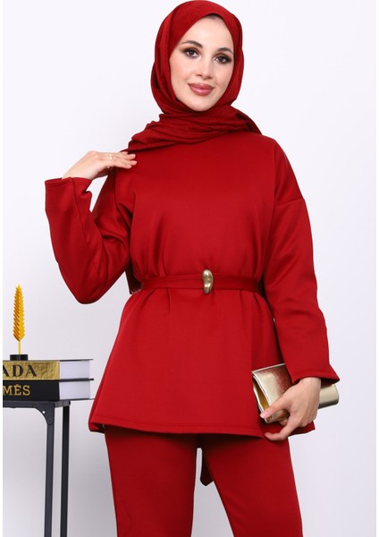 Bordo Kemerli Tunik Pantolonlu Scuba Takım modelleri