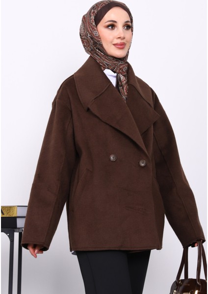 Kahverengi Çift Cepli Düğmeli Kaşe Kaban