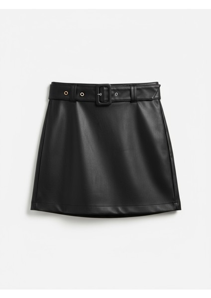Kadın Şık Siyah Deri Mini Etek Tokalı Kemerli Modern Model