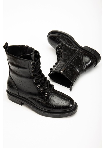 2024-2289 Siyah Kroko Bağcıklı Fermuarlı Günlük Kadın Bot modelleri