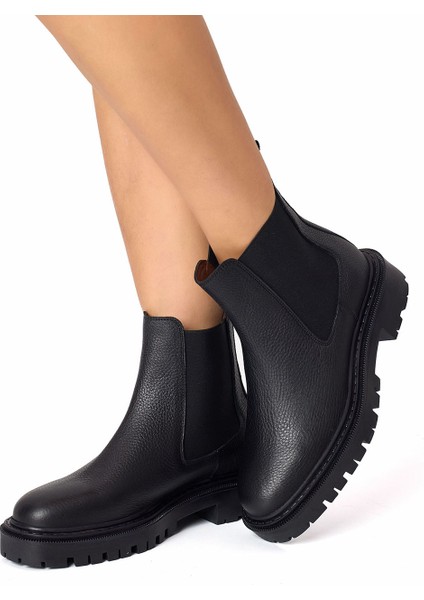 Siyah Hakiki Deri Lastikli Chelsea Kadın Bot