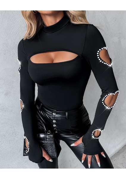 Kadın Uzun Kollu Yarı Balıkçı Yaka Pencere Detaylı Kolları Kalp Desen Taşlı Viskon Bluz indirimleri