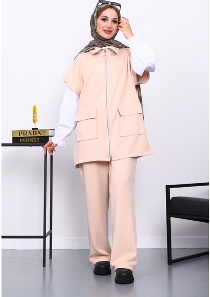 Bej Fermuarlı Yelek Pantolonlu Scuba Takım