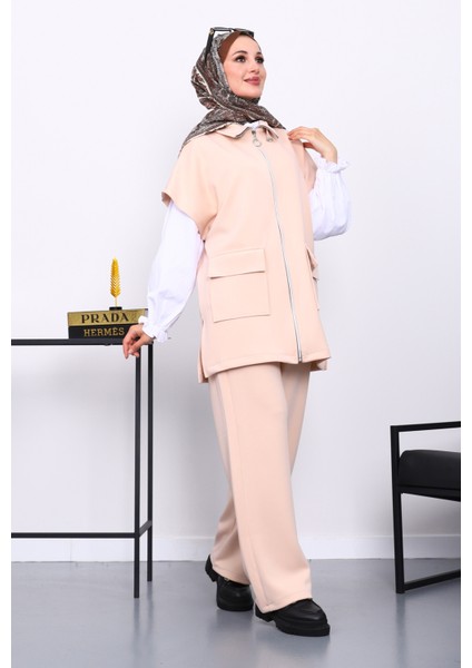 Bej Fermuarlı Yelek Pantolonlu Scuba Takım fiyatları