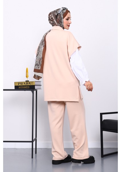 Bej Fermuarlı Yelek Pantolonlu Scuba Takım fırsatları