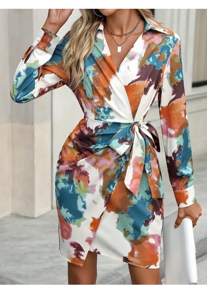 Kadın Uzun Kollu Yakalı Yandan Bağlamalı Mini Desenli Modal Elbise fiyatları
