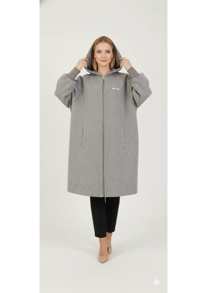Kadın Gri Kapüşonlu Balon Kol Fermuarlı Kaban Oversize Midi Boy Kışlık Kaşe Mont