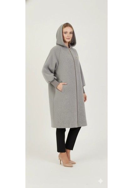 Kadın Gri Kapüşonlu Balon Kol Fermuarlı Kaban Oversize Midi Boy Kışlık Kaşe Mont fiyatları