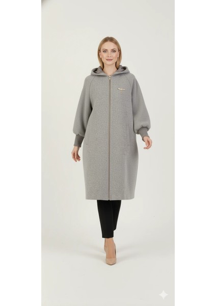 Kadın Gri Kapüşonlu Balon Kol Fermuarlı Kaban Oversize Midi Boy Kışlık Kaşe Mont modelleri