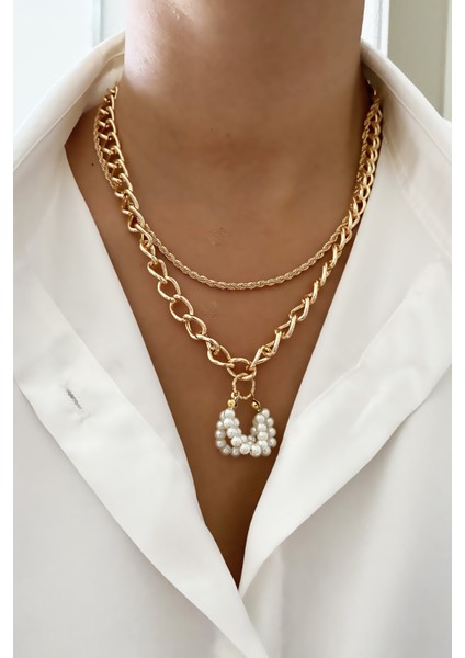 Çift Sıralı Inci Uçlu Gold Kolye