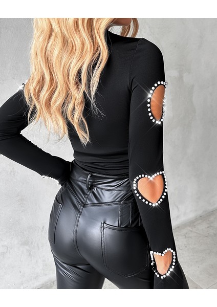 Kadın Uzun Kollu Yarı Balıkçı Yaka Pencere Detaylı Kolları Kalp Desen Taşlı Viskon Bluz fırsatları