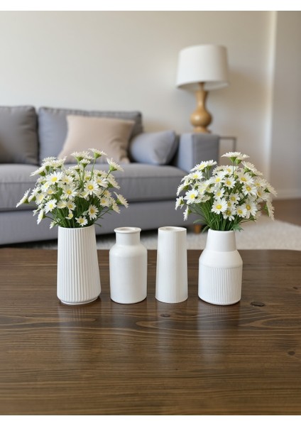 4’lü Modern Soft Vazo Seti – Minimal Beyaz Dekoratif Ev Aksesuarı