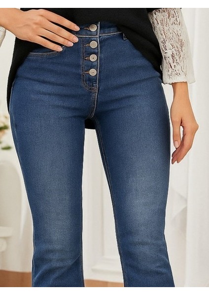 Kadın Yüksek Bel Önden Düğmeli Cep Detay Ispanyol Paça Denim Pantolon fiyatları