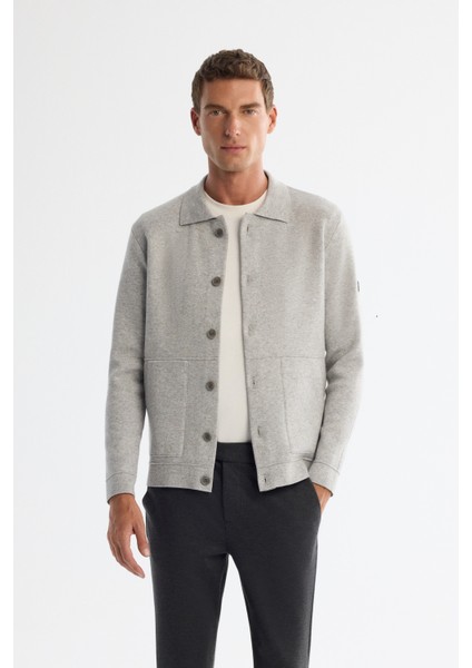 Erkek Açık Gri Polo Yaka Yün Karışımlı Kanguru Cepli Triko Regular Fit Hırka A42Y5141