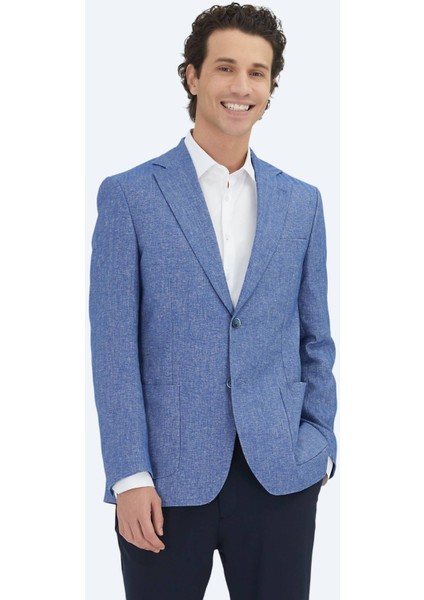 Mavi Çizgili Modern Fit Pamuk Karışımlı Ceket