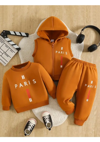 Özel Tasarım Paris Dikey Şerit Baskılı %100 Pamuk Kışlık Erkek Çocuk 3 Lü Eşofman Takımı