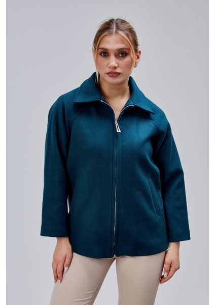 Petrol Mavi Oversize Fermuarlı Kaşe Ceket