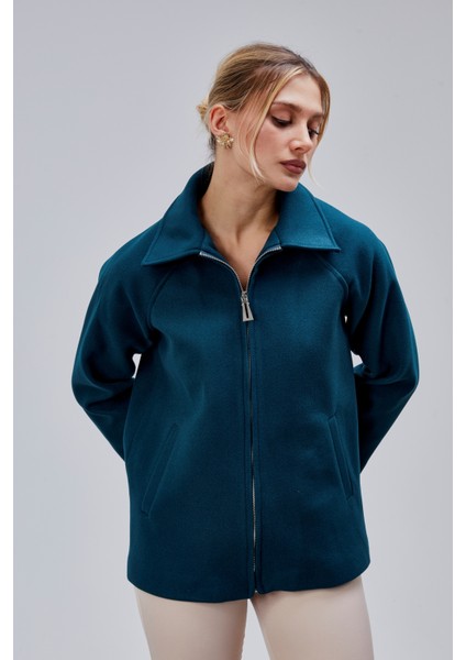 Petrol Mavi Oversize Fermuarlı Kaşe Ceket modelleri