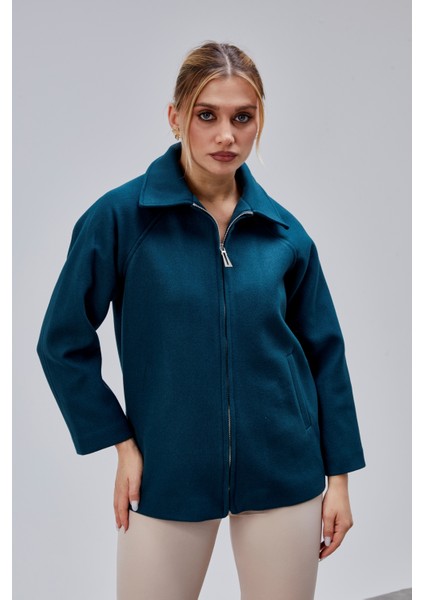 Petrol Mavi Oversize Fermuarlı Kaşe Ceket fırsatları