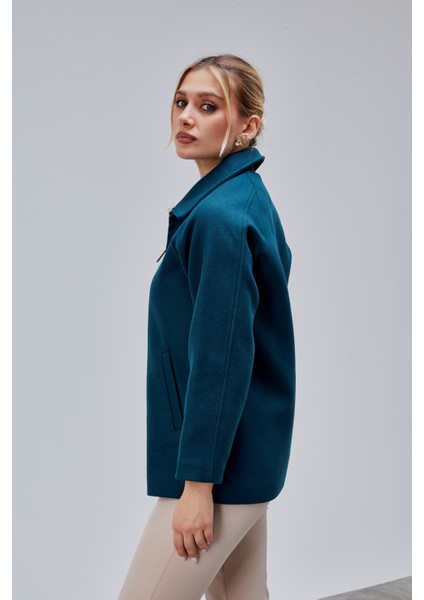 Petrol Mavi Oversize Fermuarlı Kaşe Ceket indirimleri