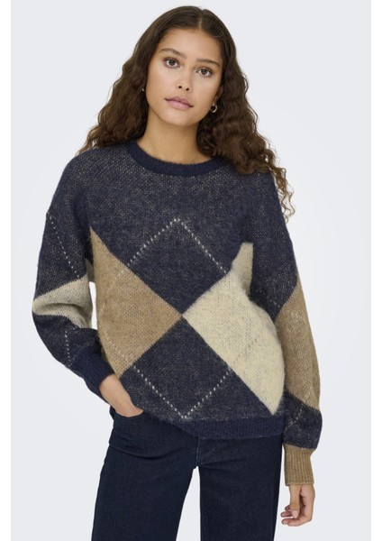 Onlnoeme Baklava Desenli Yün Karışımlı Regular Fit Örme Kazak Bayan Kazak 15353226