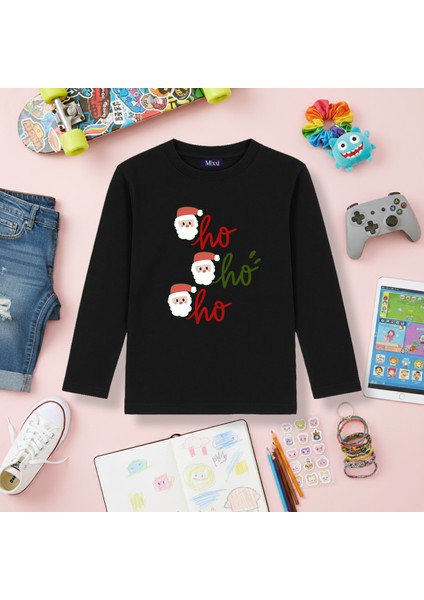 Yeni Yıl Noel Baba Hohoho Uzun Kollu Baskılı Unisex Tişört (4-13 Yaş)