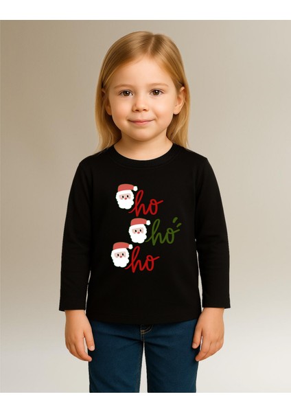 Yeni Yıl Noel Baba Hohoho Uzun Kollu Baskılı Unisex Tişört (4-13 Yaş) modelleri