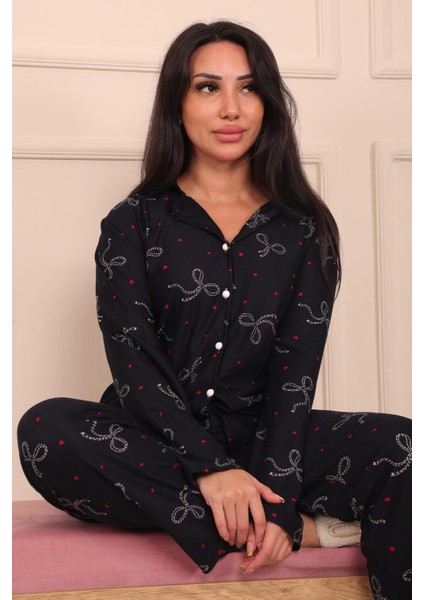 Kadın Fiyonk ve Kalp Desenli Önü Düğmeli Uzun Kol Altı Uzun Süet Pijama Takımı fiyatları