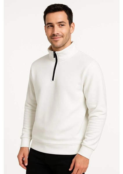 Erkek Dik Yaka Sweatshirt Dik Yaka Yarım Fermuarlı 3 Iplik Şardonlu Pamuk Kumaş - Beyaz fırsatları