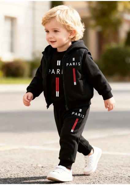 Özel Tasarım Paris Dikey Şerit Baskılı %100 Pamuk Kışlık Erkek Çocuk 3 Lü Eşofman Takımı