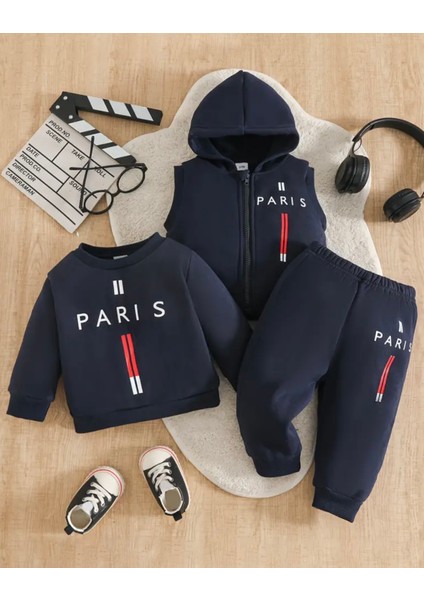 Özel Tasarım Paris Dikey Şerit Baskılı %100 Pamuk Kışlık Erkek Çocuk 3 Lü Eşofman Takımı