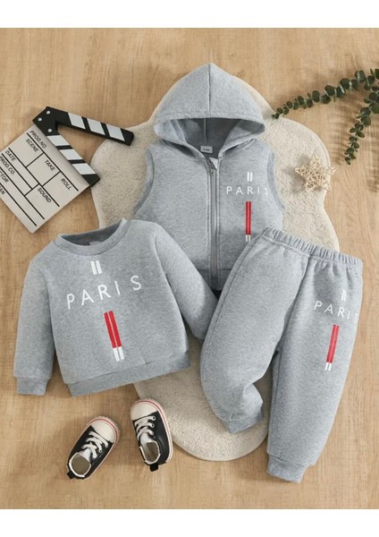 Özel Tasarım Paris Dikey Şerit Baskılı %100 Pamuk Kışlık Erkek Çocuk 3 Lü Eşofman Takımı