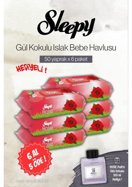 50'li Gül Kokulu Bebe Islak Havlu 6 Al 5 Öde, Rosie Pudra Oda Kokusu
