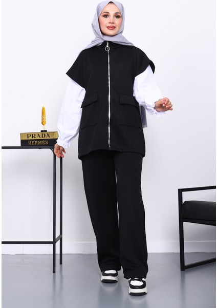 Siyah Fermuarlı Cepli Yelek Pantolonlu Scuba Takım