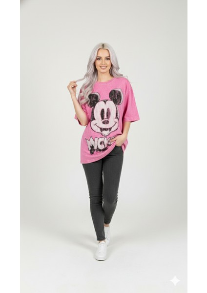 Kadın Eskitme Pembe Mickey Baskılı Oversize Tişört | %100 Pamuk– Rahat Kesim fiyatları