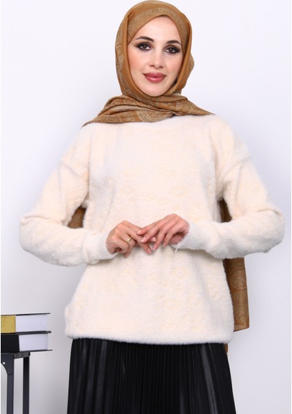 Krem Bisiklet Yaka Angora Yumoş Triko Kazak