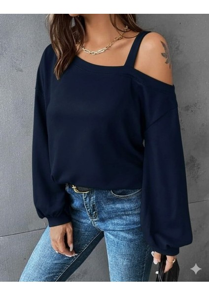 Eyesof Kadın Uzun Kollu Tek Omuz Askı Detay Salaş Viskon Iki Iplik Bluz