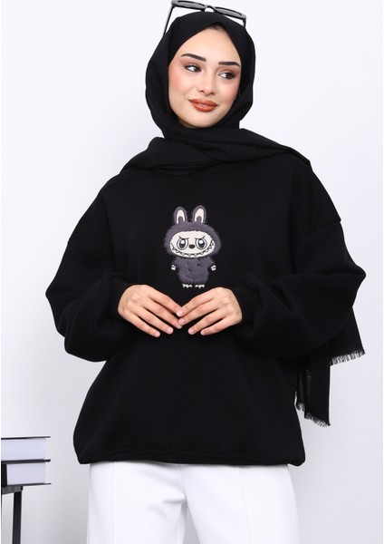 Siyah Bisiklet Yaka Üç İplik Sweat