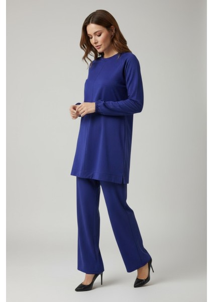 Kadın Tunik Önü Dikişli Altı Bantlı Pantolonun Beli Lastikli Önü Dikişli Ikili Takım