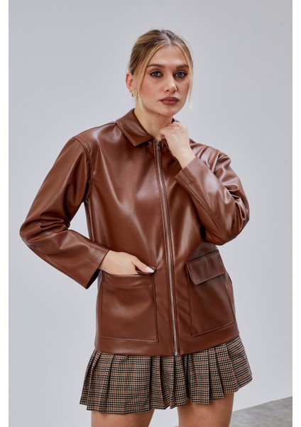 Kahverengi Regular Fit Deri Ceket