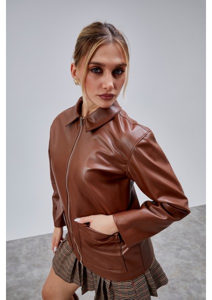 Kahverengi Regular Fit Deri Ceket modelleri