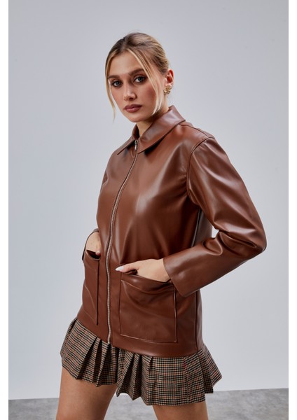 Kahverengi Regular Fit Deri Ceket fırsatları