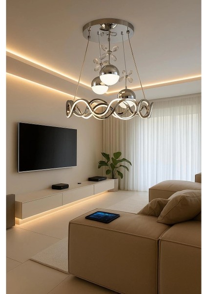 Neo Krom Kaplama Yuvarlak 3 Toplu 3 Renk Modüllü Ledli Avize modelleri