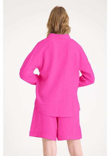 Yazlık Uzun Kol Gömlek Şort Keten Ikili Fuşya Takım
