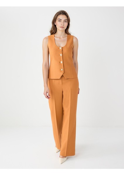 Karamel Bol Kesim Bol Paça Normal Bel Dokuma Pantolon