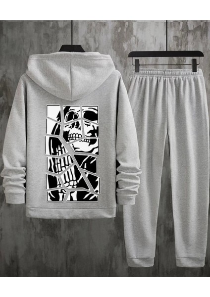 Punıx Kıds Özel Seri Kapüşonlu Skullcracked Sırt Baskılı %100 Pamuk Kışlık Sokak Stil Erkek Çocuk Eşofman Takımı