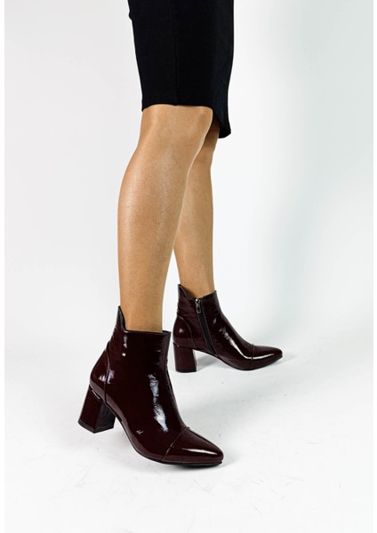 Hakiki Deri Bordo Rugan Fermuarlı Kalın Topuk Kadın Bot fiyatları
