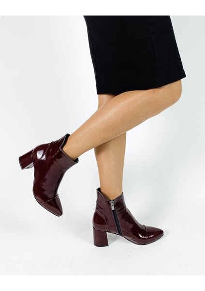 Hakiki Deri Bordo Rugan Fermuarlı Kalın Topuk Kadın Bot modelleri