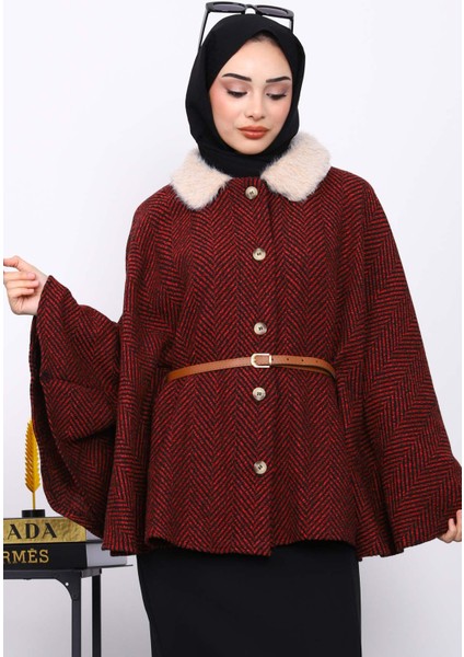 Bordo Yaka Kürklü Kemerli Panço
